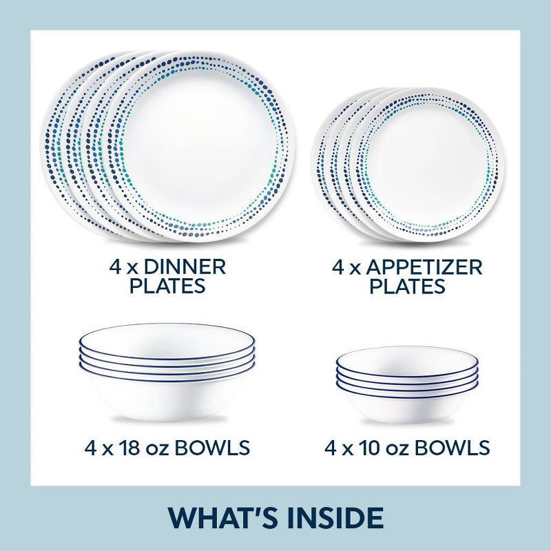 slide 5 of 8, Corelle 16pc Ocean Blues Dinnerware Set: Polka Dot Plates & Bowls, Service for 4, Dishwasher-Safe, 16 ct