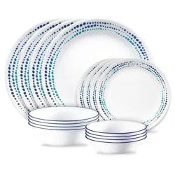 Corelle 16pc Ocean Blues Dinnerware Set: Polka Dot Plates & Bowls, Service for 4, Dishwasher-Safe