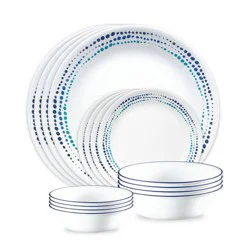 Corelle 16pc Ocean Blues Dinnerware Set: Polka Dot Plates & Bowls, Service for 4, Dishwasher-Safe