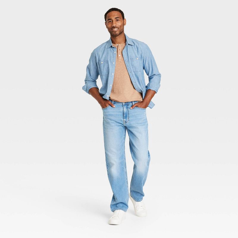 slide 3 of 3, Men's Relaxed Fit Jeans - Goodfellow & Co™ Light Wash 36x32: Midweight Denim, Stretch Fabric, Mid Rise, Machine Washable, 1 ct