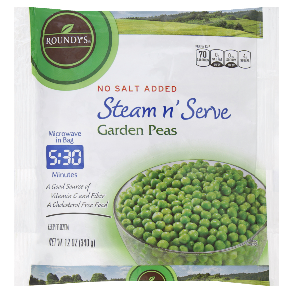 slide 1 of 1, Roundy's Roundys Steam N Serve Garden Peas No Salt Added, 12 oz