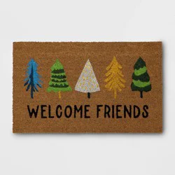 1'6"x2'6" Christmas 'Welcome Friends' Tree Coir Doormat Green/Blue/White - Wondershop™: Outdoor Botanical Decor