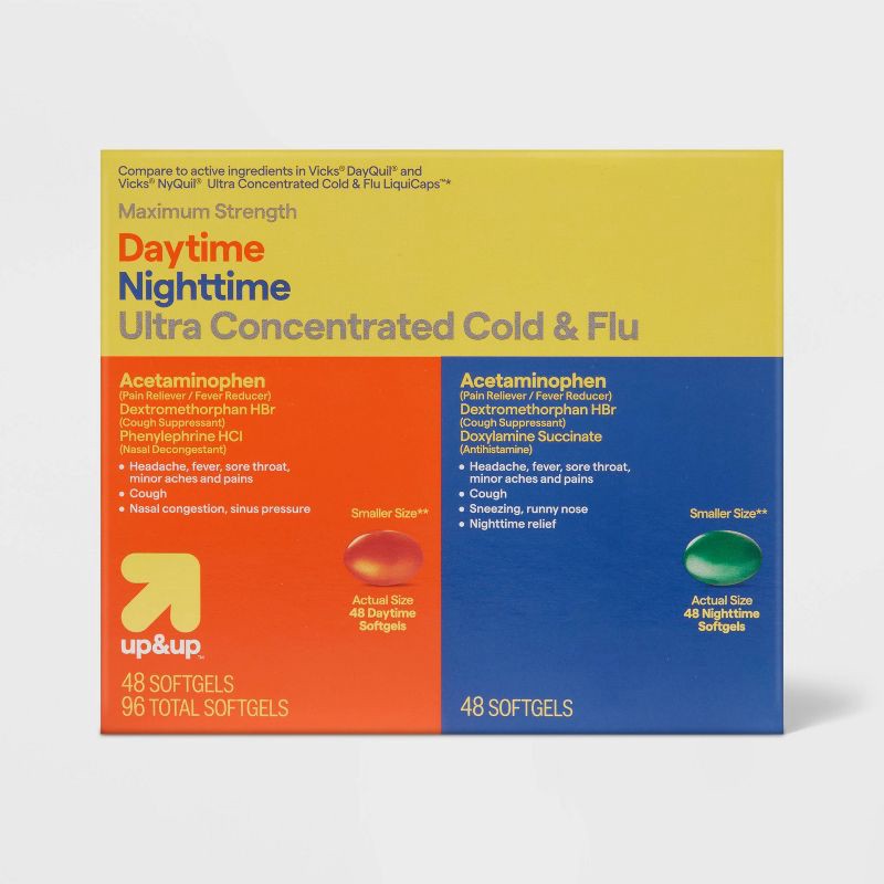 slide 1 of 6, Daytime & Nighttime Maximum Strength Cold & Flu Softgels - 96ct - up&up™, 96 ct