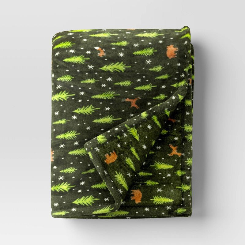 slide 1 of 5, Christmas Tree Printed Plush Throw Blanket Green - Wondershop™, 1 ct