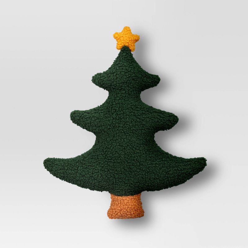 slide 3 of 5, Shaped Christmas Tree Faux Shearling Throw Pillow Green - Wondershop™, 1 ct