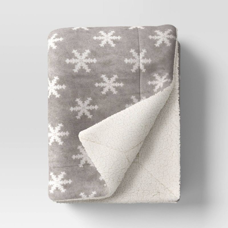 slide 1 of 5, Snowflake Printed Plush Throw Blanket Faux Shearling Reverse Gray/Ivory - Threshold™, 1 ct