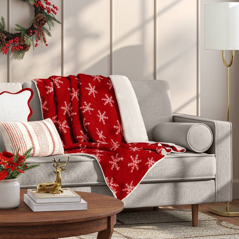 slide 2 of 5, Snowflake Printed Plush Throw Blanket Faux Shearling Reverse Red/Ivory - Threshold™, 1 ct