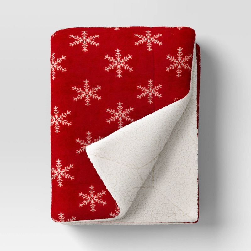 slide 1 of 5, Snowflake Printed Plush Throw Blanket Faux Shearling Reverse Red/Ivory - Threshold™, 1 ct