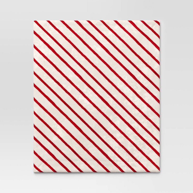 slide 3 of 5, Candy Cane Striped Printed Plush Throw Blanket with Faux Shearling Reverse Ivory/Red - Threshold™: Lightweight, Knitted, 50x60", 1 ct