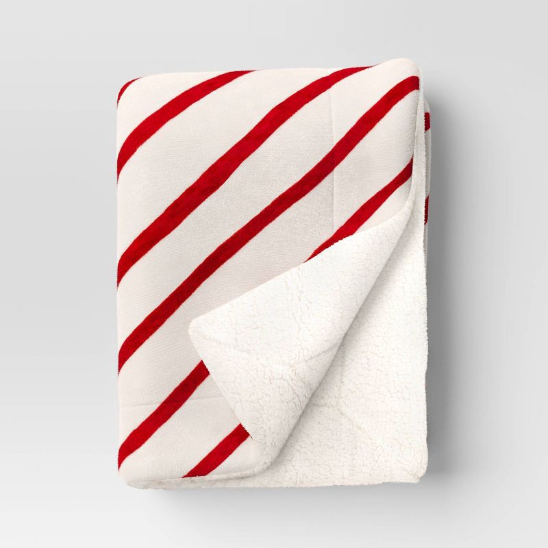 slide 1 of 5, Candy Cane Striped Printed Plush Throw Blanket with Faux Shearling Reverse Ivory/Red - Threshold™: Lightweight, Knitted, 50x60", 1 ct