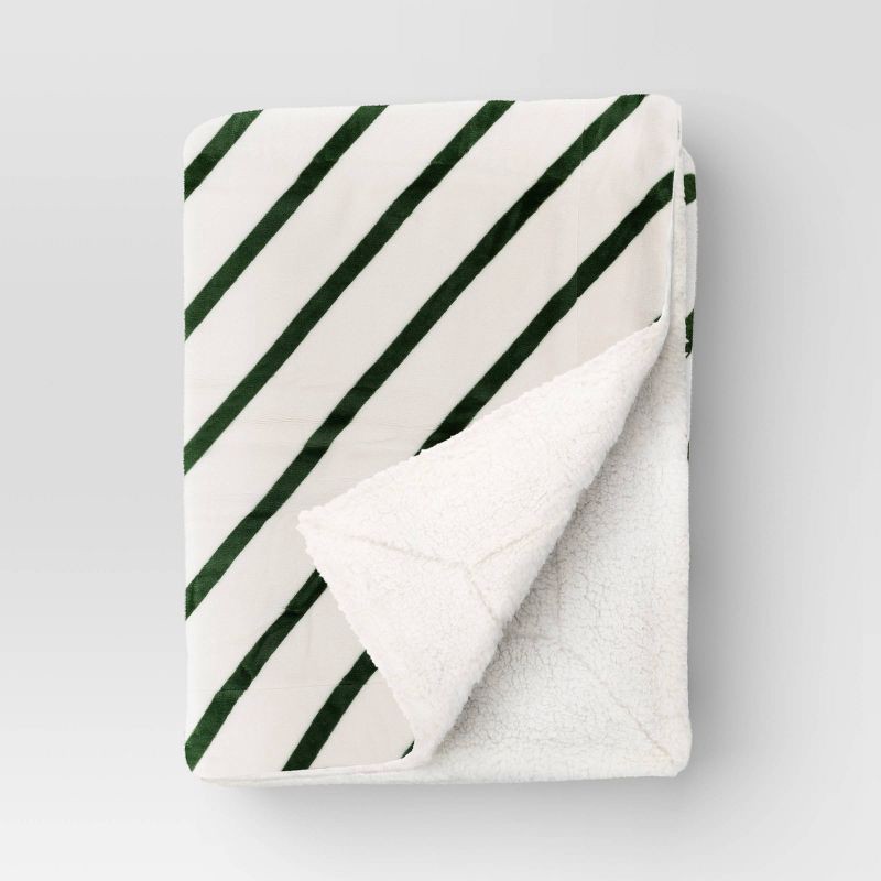 slide 1 of 5, Candy Cane Striped Printed Plush Throw Blanket with Faux Shearling Reverse Ivory/Green - Threshold™, 1 ct