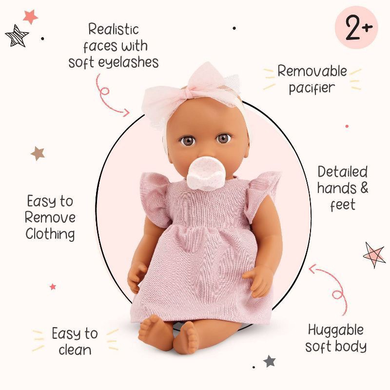 slide 3 of 9, LullaBaby 14" Baby Doll with Pink Dress & Pacifier - Brown Eyes: BPA-Free Plastic and Polyester Doll, 1 ct