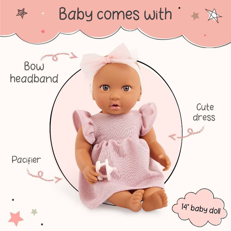 slide 4 of 9, LullaBaby 14" Baby Doll with Pink Dress & Pacifier - Brown Eyes: BPA-Free Plastic and Polyester Doll, 1 ct