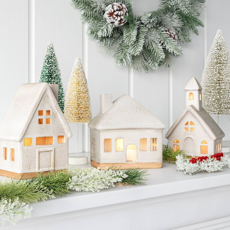 slide 2 of 3, 3pc Lit Ceramic Buildings Decorative Christmas Figurine Set - Wondershop™ White, 3 ct