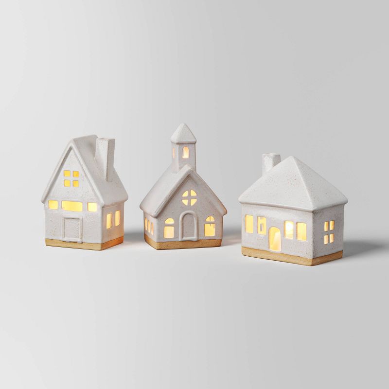 slide 1 of 3, 3pc Lit Ceramic Buildings Decorative Christmas Figurine Set - Wondershop™ White, 3 ct