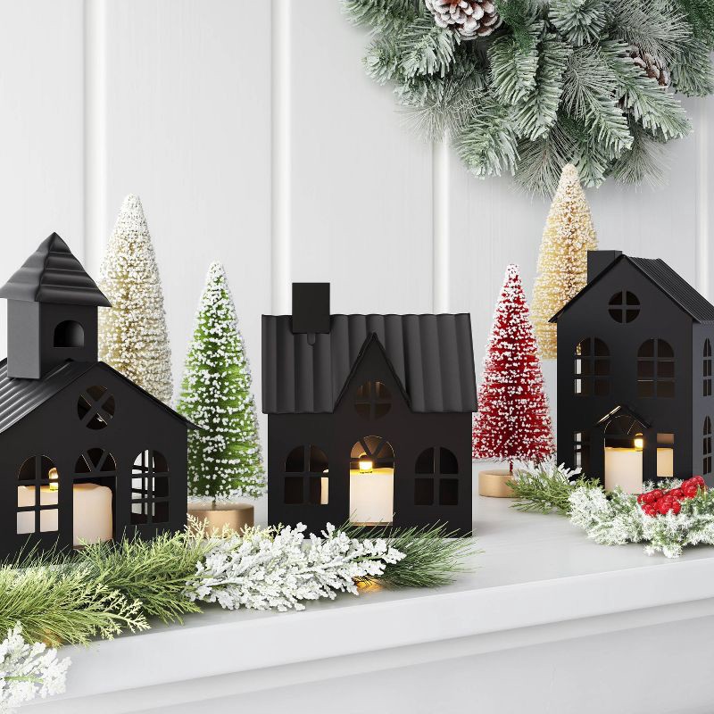 slide 2 of 3, 3pc Lit Metal House Decorative Christmas Figurine Set - Wondershop™ Black: Tabletop Indoor Decor, Battery-Powered, 3 ct