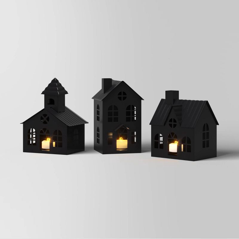 slide 1 of 3, 3pc Lit Metal House Decorative Christmas Figurine Set - Wondershop™ Black: Tabletop Indoor Decor, Battery-Powered, 3 ct