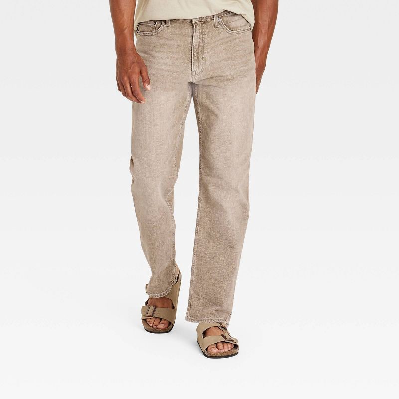 slide 1 of 3, Men's Relaxed Fit Jeans - Goodfellow & Co™ Tan 32x32: Mid Rise, Stretch Denim, Solid Pattern, 1 ct