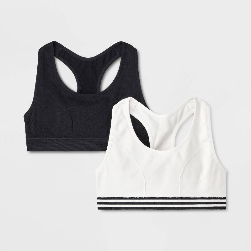 slide 1 of 3, Girls' 2pk Sports Bra - Cat & Jack™ White/Black S, 2 ct