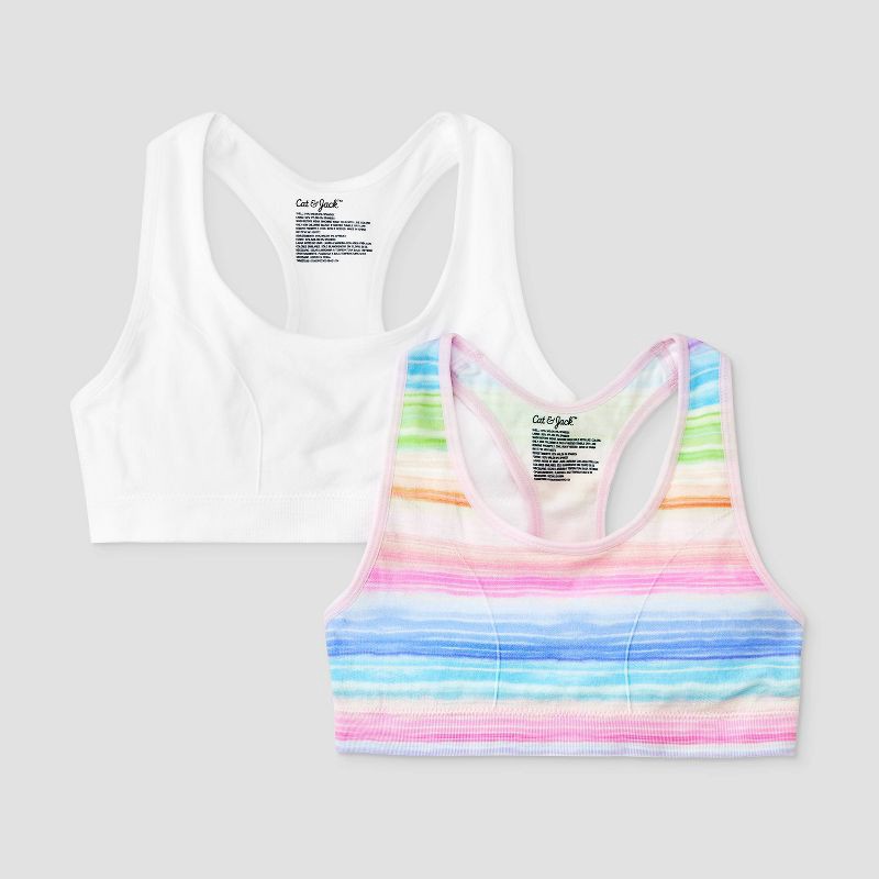 slide 1 of 3, Girls' 2pk Sports Bra - Cat & Jack™ White/Pink/Blue M, 2 ct