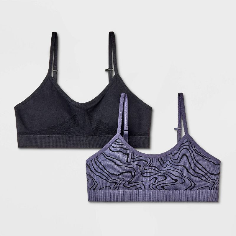 slide 1 of 4, Girls' 2pk Seamless Ruched Bra - art class™ Gray/Black S: Adjustable Strap, Unpadded Cup, Pull-On, 2 ct