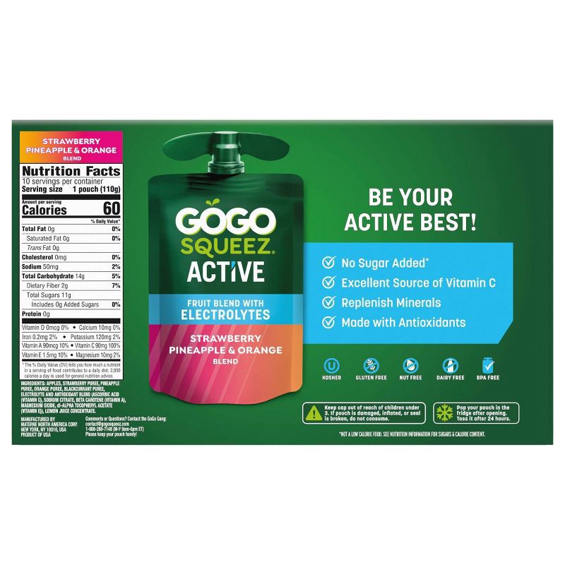 slide 2 of 11, GoGo SqueeZ Active Electrolyte No Sugar Added Strawberry Pineapple Orange Fruit Blend Pouches - 3.9oz/10ct, 3.9 oz, 10 ct