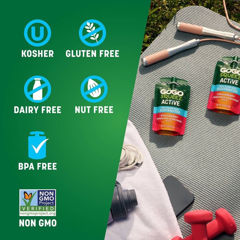 slide 5 of 11, GoGo SqueeZ Active Electrolyte No Sugar Added Strawberry Pineapple Orange Fruit Blend Pouches - 3.9oz/10ct, 3.9 oz, 10 ct