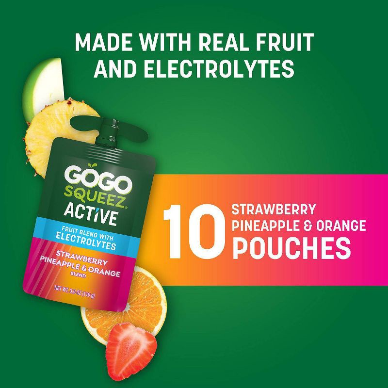 slide 6 of 11, GoGo SqueeZ Active Electrolyte No Sugar Added Strawberry Pineapple Orange Fruit Blend Pouches - 3.9oz/10ct, 3.9 oz, 10 ct
