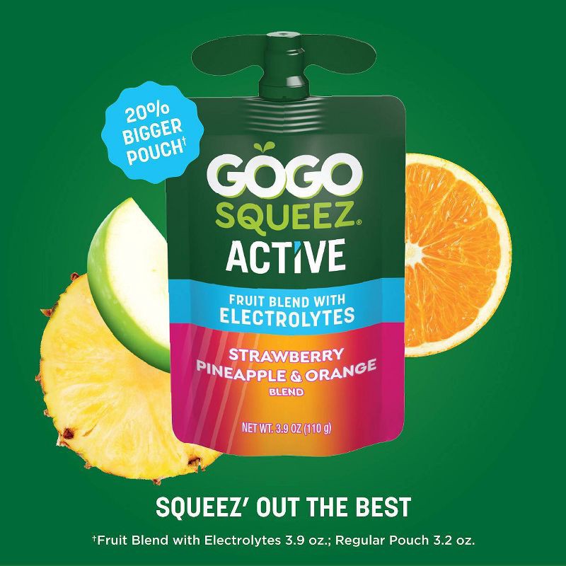 slide 8 of 11, GoGo SqueeZ Active Electrolyte No Sugar Added Strawberry Pineapple Orange Fruit Blend Pouches - 3.9oz/10ct, 3.9 oz, 10 ct