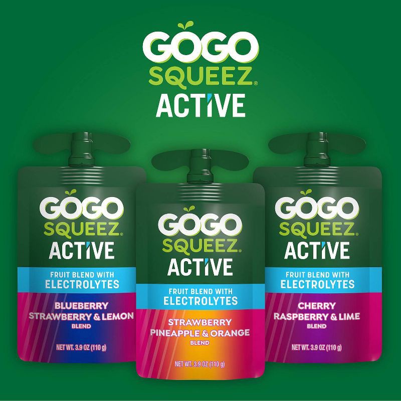 slide 9 of 11, GoGo SqueeZ Active Electrolyte No Sugar Added Strawberry Pineapple Orange Fruit Blend Pouches - 3.9oz/10ct, 3.9 oz, 10 ct