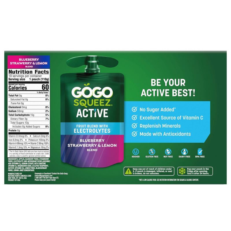 slide 2 of 10, GoGo SqueeZ Active Electrolyte No Sugar Added Blueberry Strawberry & Lemon Fruit Blend Pouches - 3.9oz/10ct, 3.9 oz, 10 ct