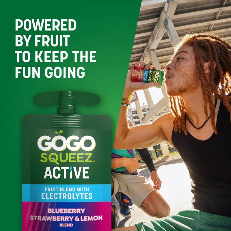 slide 5 of 10, GoGo SqueeZ Active Electrolyte No Sugar Added Blueberry Strawberry & Lemon Fruit Blend Pouches - 3.9oz/10ct, 3.9 oz, 10 ct