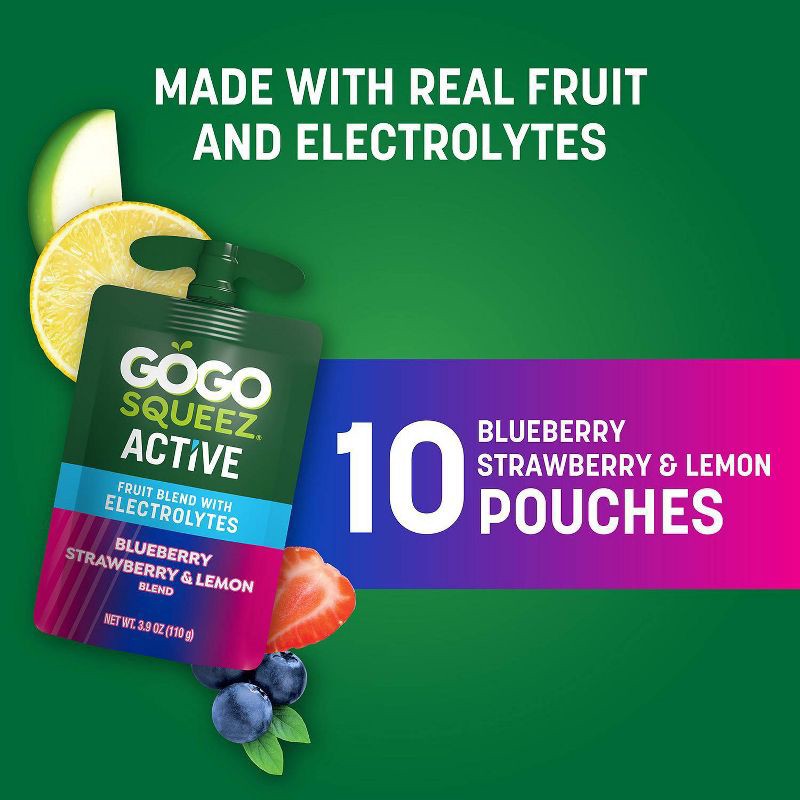 slide 7 of 10, GoGo SqueeZ Active Electrolyte No Sugar Added Blueberry Strawberry & Lemon Fruit Blend Pouches - 3.9oz/10ct, 3.9 oz, 10 ct