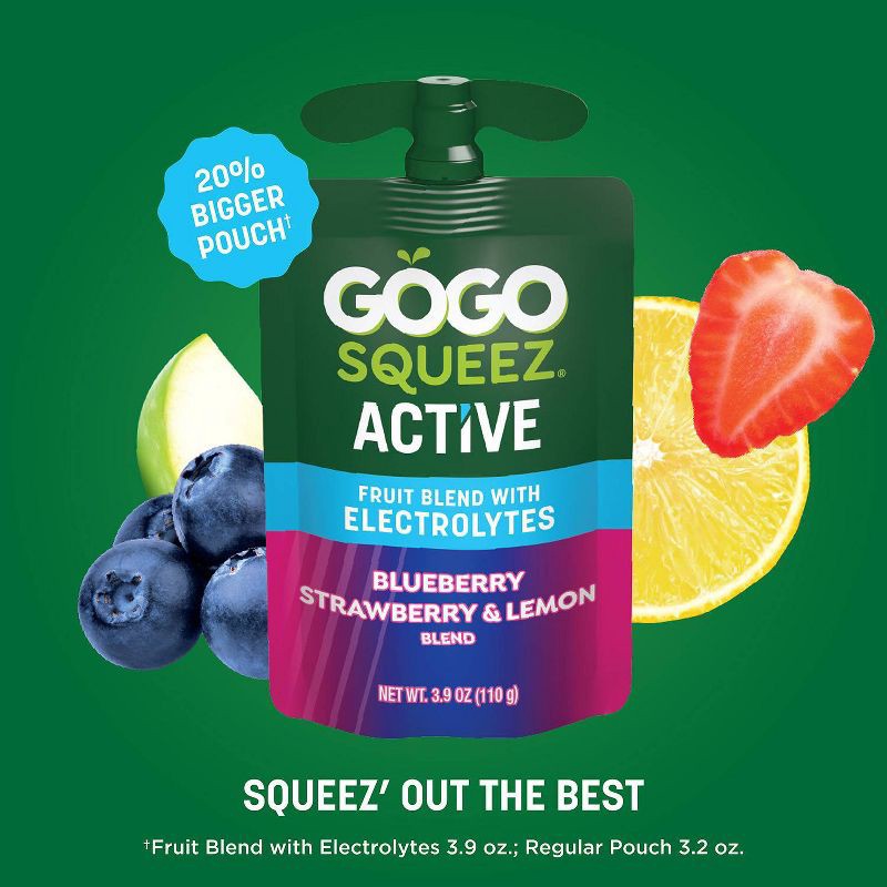 slide 9 of 10, GoGo SqueeZ Active Electrolyte No Sugar Added Blueberry Strawberry & Lemon Fruit Blend Pouches - 3.9oz/10ct, 3.9 oz, 10 ct