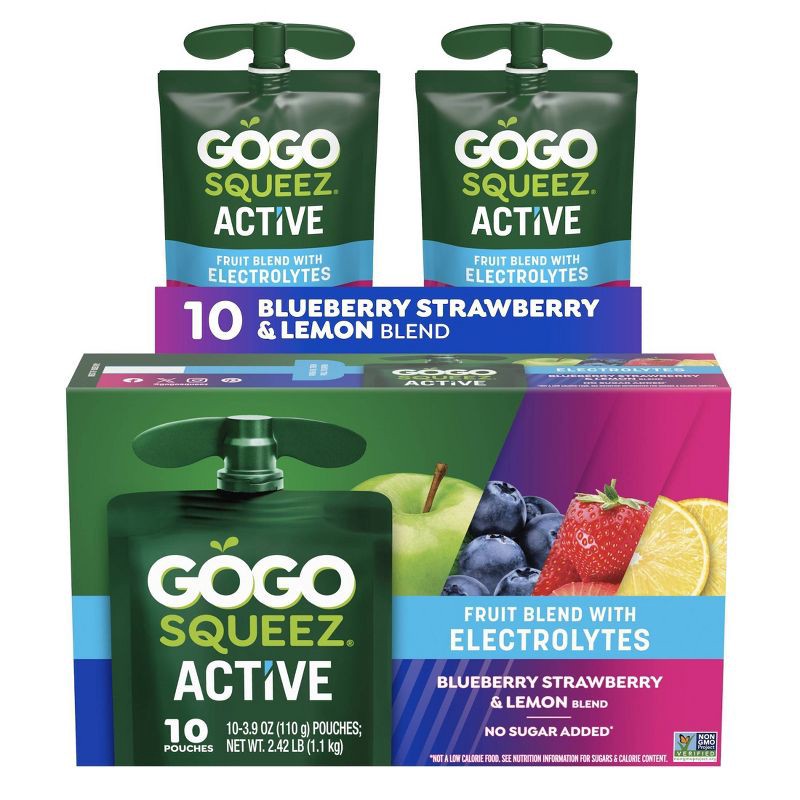 slide 1 of 10, GoGo SqueeZ Active Electrolyte No Sugar Added Blueberry Strawberry & Lemon Fruit Blend Pouches - 3.9oz/10ct, 3.9 oz, 10 ct