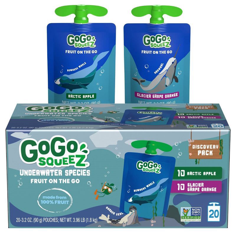 slide 1 of 10, GoGo squeeZ Applesauce and Fruit Puree Discovery Variety Pack, Arctic Apple and Glacier Grape Orange - 3.2oz/20ct, 3.2 oz, 20 ct