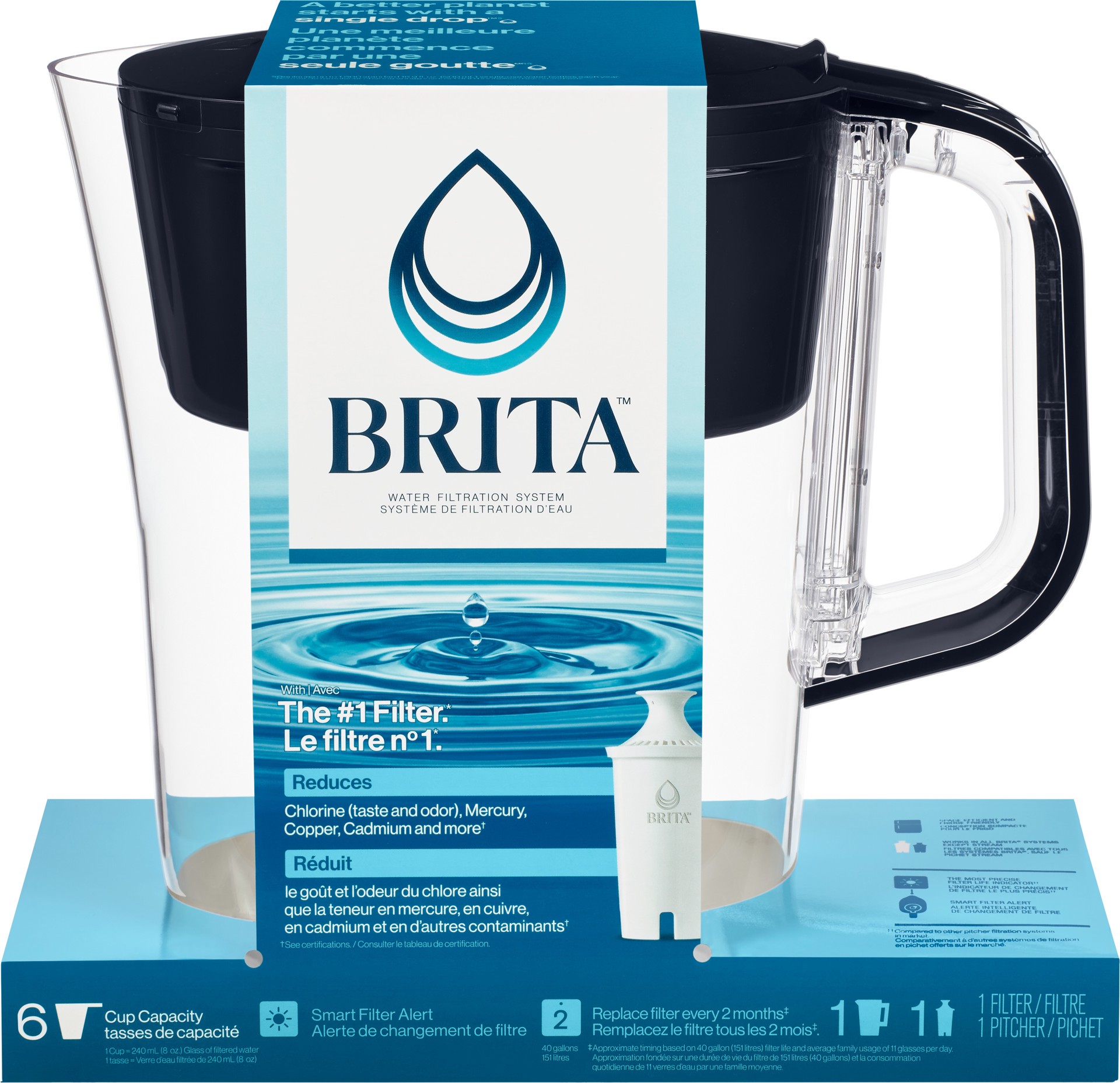 slide 1 of 5, Brita Small 6 Cup Denali Water Filter Pitcher with 1 Brita Standard Filter, Made Without BPA, Black, 1 ct