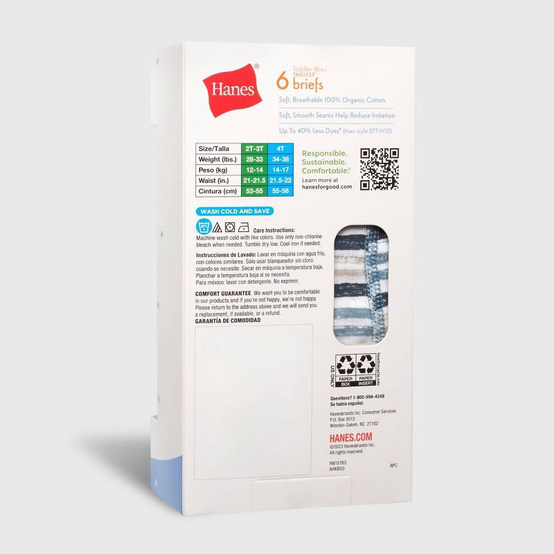 slide 3 of 5, Hanes Toddler Boys' 6pk Organic Cotton Briefs - 2T-3T: Tagless Knit Underwear, Pull-On Waistband, 6 ct