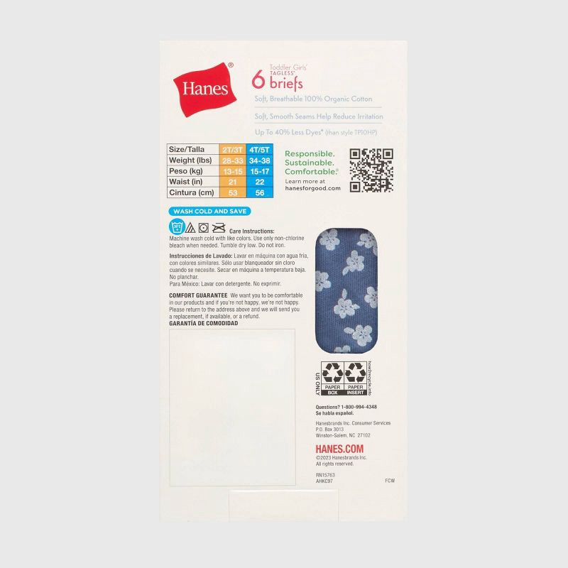 slide 3 of 5, Hanes Toddler Girls' 6pk Organic Cotton Briefs - 2T-3T: High Rise Knit Underwear, Lightweight, Pull-On Waist, Machine Washable, 6 ct