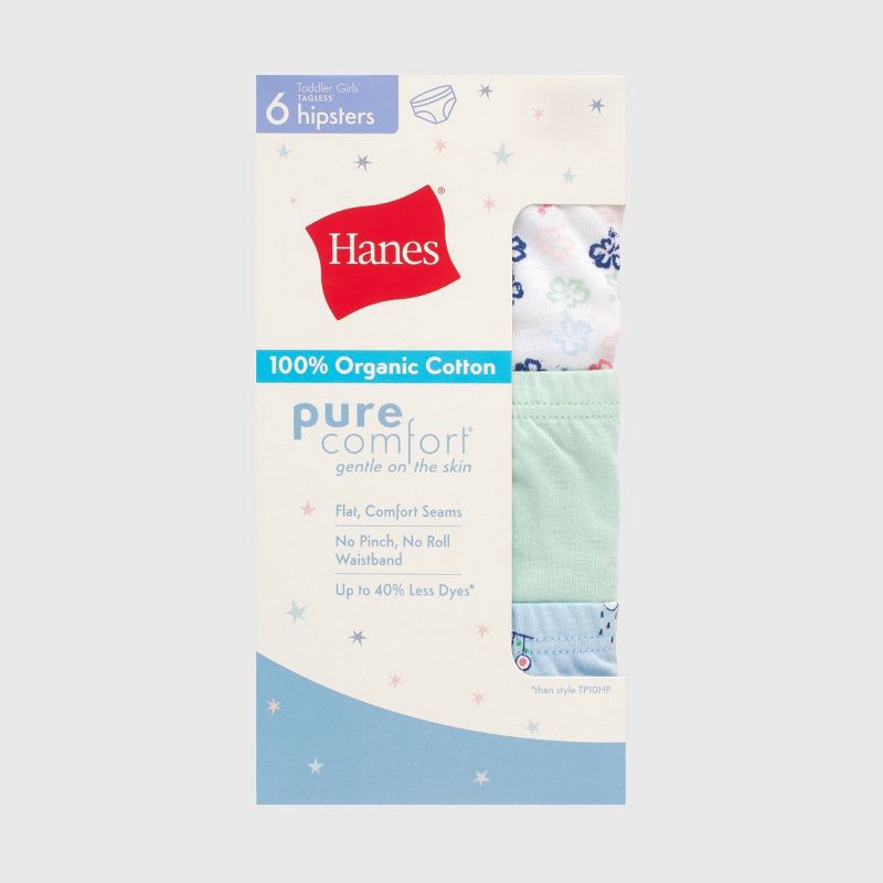 slide 2 of 5, Hanes Toddler Girls' 6pk Organic Cotton Hipster Underwear - 4T: Mid Rise Knit Panties, Full Waistband Elastic, Machine Washable, 6 ct