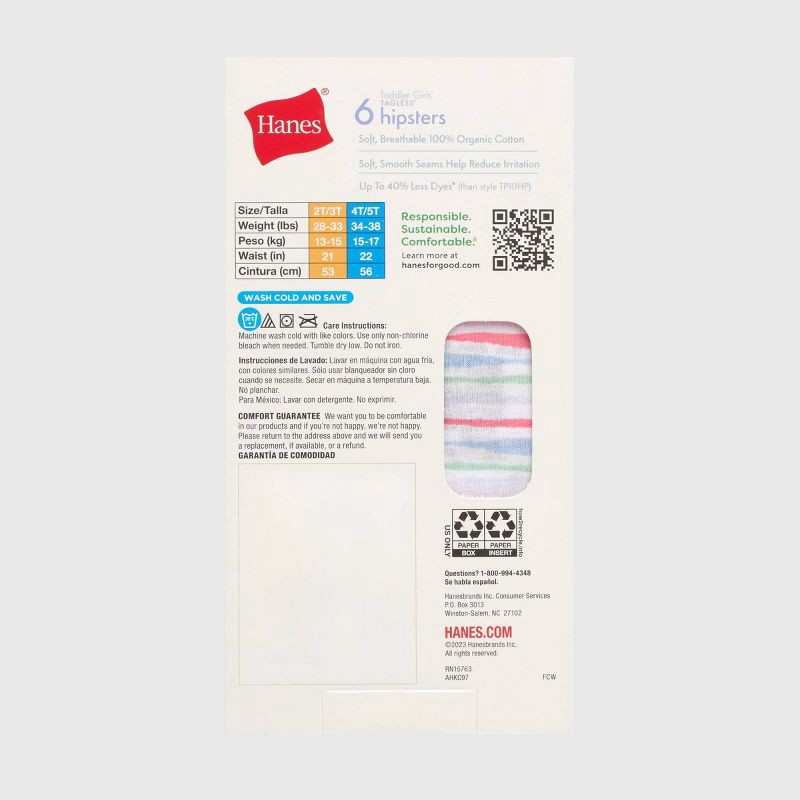 slide 3 of 5, Hanes Toddler Girls' 6pk Organic Cotton Hipster Underwear - 4T: Mid Rise Knit Panties, Full Waistband Elastic, Machine Washable, 6 ct