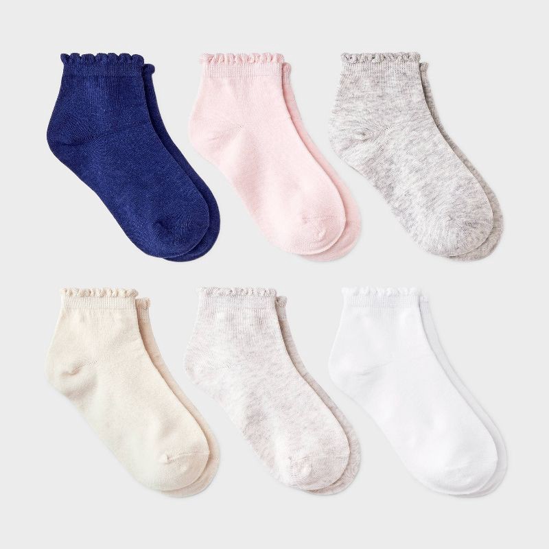 slide 1 of 3, Girls' 6pk Scallop Ankle Socks - Cat & Jack™ S, 6 ct