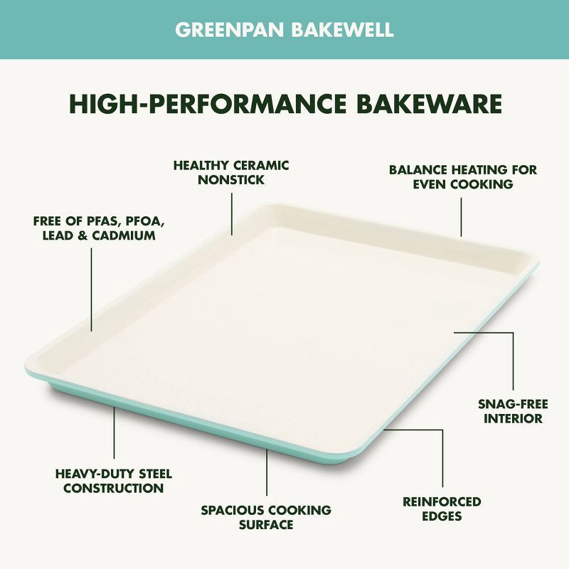 slide 4 of 9, GreenPan 18"x13" Nonstick Ceramic Cookie Sheet Turquoise: Carbon Steel Bakeware, Dishwasher-Safe, PFOA-Free, 1 ct