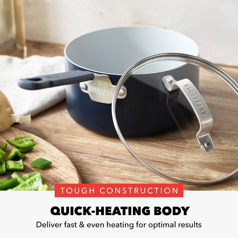 slide 3 of 11, Bobby Flay 2.54qt Ceramic Nonstick Aluminum Sauce Pan with Lid Oxford Blue: Dishwasher-Safe, Lifetime Warranty, 2.54 qt