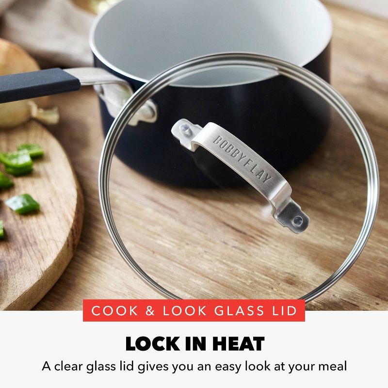 slide 9 of 11, Bobby Flay 2.54qt Ceramic Nonstick Aluminum Sauce Pan with Lid Oxford Blue: Dishwasher-Safe, Lifetime Warranty, 2.54 qt