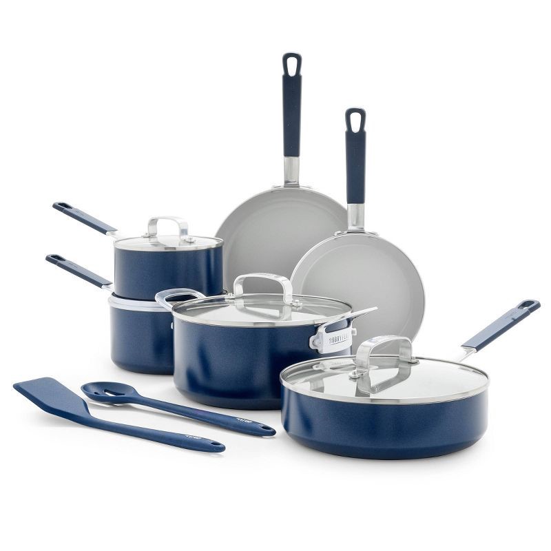 slide 1 of 12, Bobby Flay 12pc Ceramic Nonstick Aluminum Cookware Set Oxford Blue, 12 ct