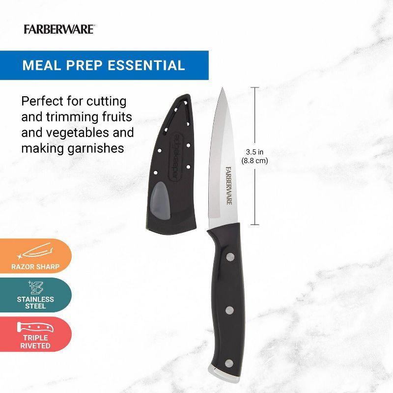 slide 4 of 9, Farberware 3.5" Paring Knife Black: Stainless Steel Kitchen Knife, Riveted Handle, Hand Wash, Lifetime Warranty, 1 ct