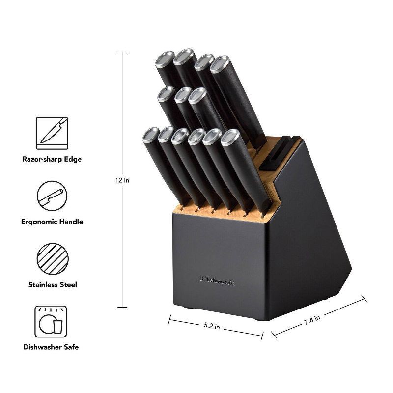 slide 6 of 8, KitchenAid 14pc 2-Tone Block Knife Set Black: High Carbon Stainless Steel, Forged Cutlery, Hand Wash, Lifetime Warranty, 14 ct