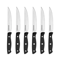 Farberware 6pc Steak Knife Set: Stainless Steel Blades, Black Plastic Handles, Hand Wash, Lifetime Limited Warranty