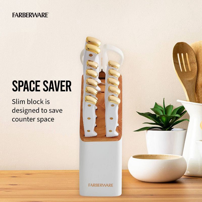 slide 3 of 8, Farberware 14pc Slim Knife Set White: High Carbon Stainless Steel Block with Ergonomic Design & Shears, 14 ct